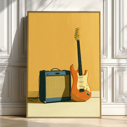 Retro Guitar Amp Poster, Yellow Music Illustration, Rock Room Picture Print