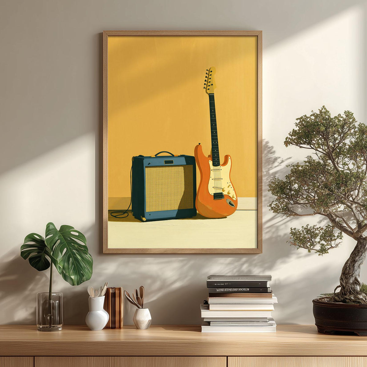 Retro Guitar Amp Poster, Yellow Music Illustration, Rock Room Picture Print