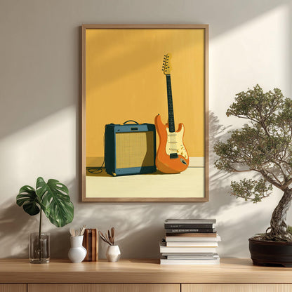 Retro Guitar Amp Poster, Yellow Music Illustration, Rock Room Picture Print