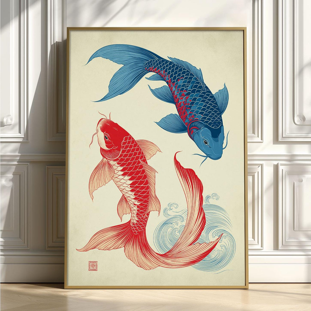 Japanese Koi Fish Poster, Red Blue Koi Illustration, Pond Fish Wall Art