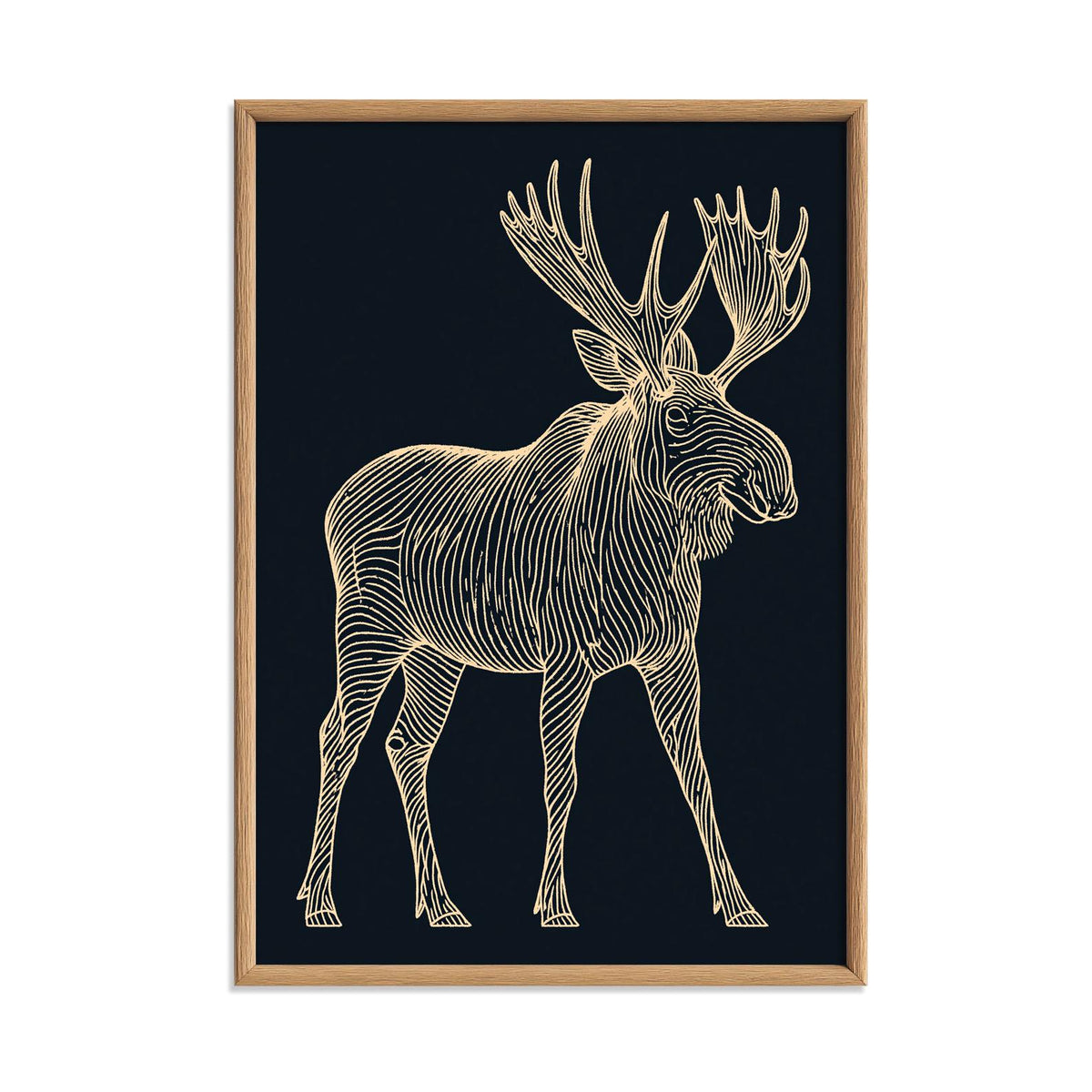 Moose Line Art Poster, Navy Wildlife Illustration, Gold Wall Art