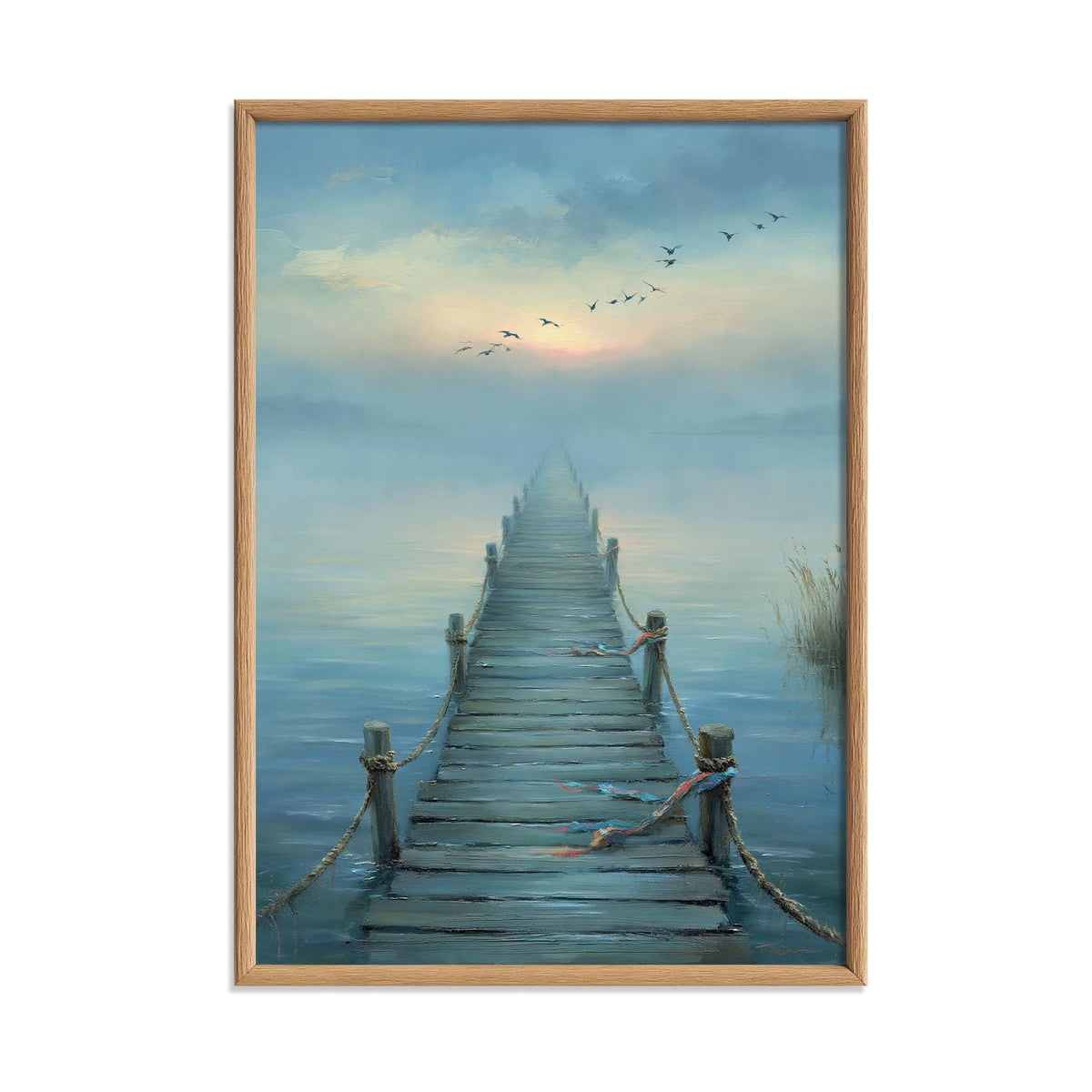 Misty Lake Pier Poster | Tranquil Seascape Wall Art Print | Blue Coastal Decor