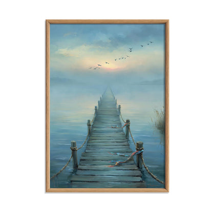 Misty Lake Pier Poster | Tranquil Seascape Wall Art Print | Blue Coastal Decor