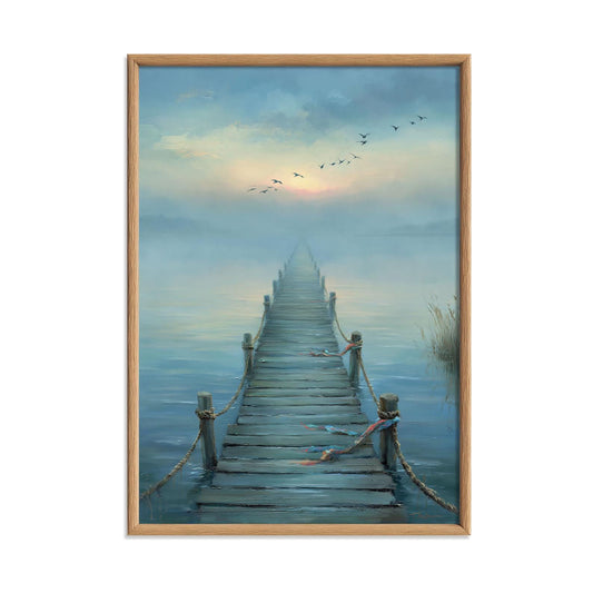 Misty Lake Pier Poster | Tranquil Seascape Wall Art Print | Blue Coastal Decor