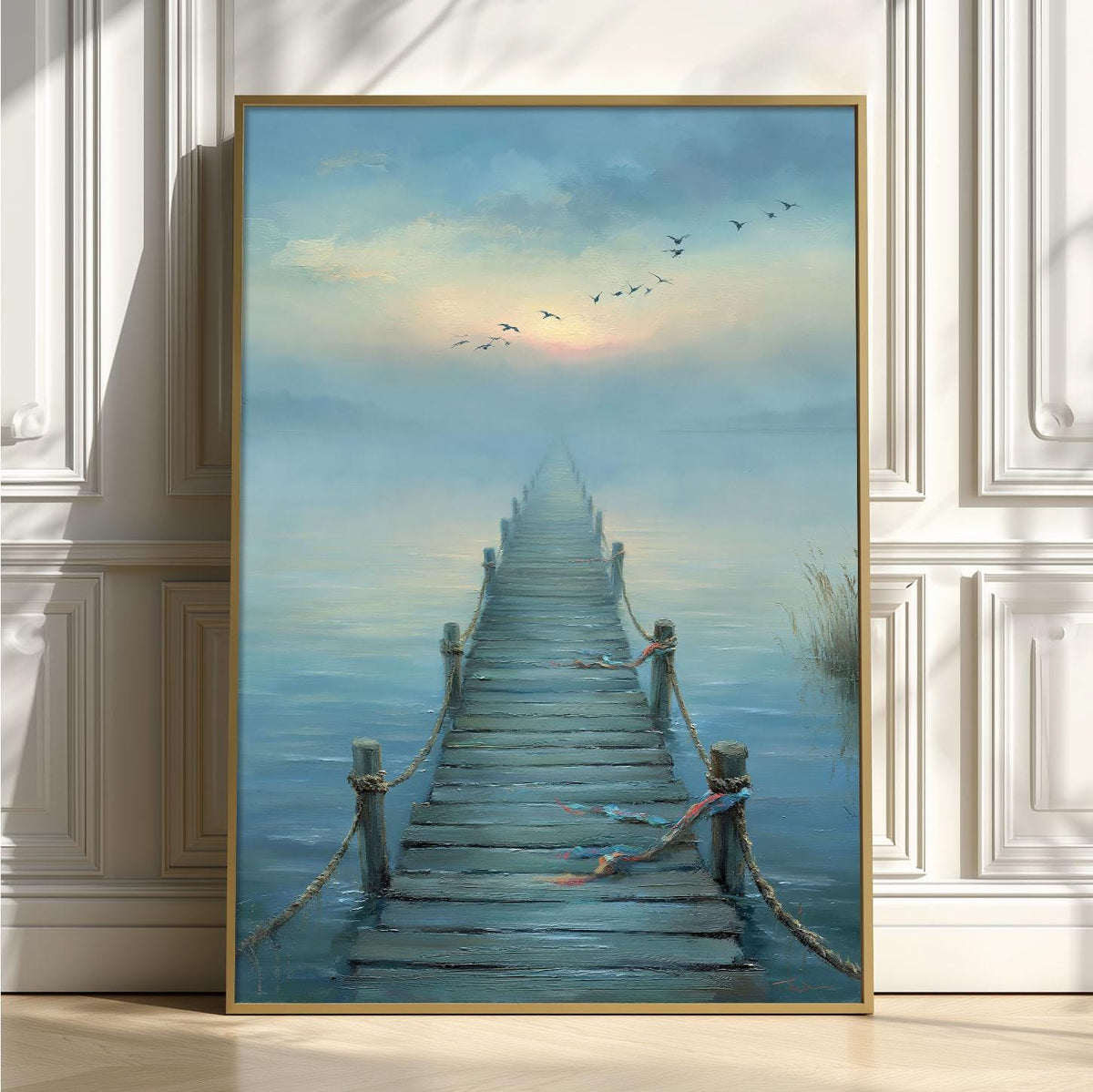 Misty Lake Pier Poster | Tranquil Seascape Wall Art Print | Blue Coastal Decor