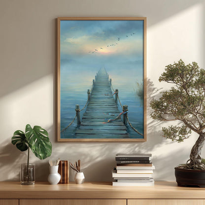 Misty Lake Pier Poster | Tranquil Seascape Wall Art Print | Blue Coastal Decor