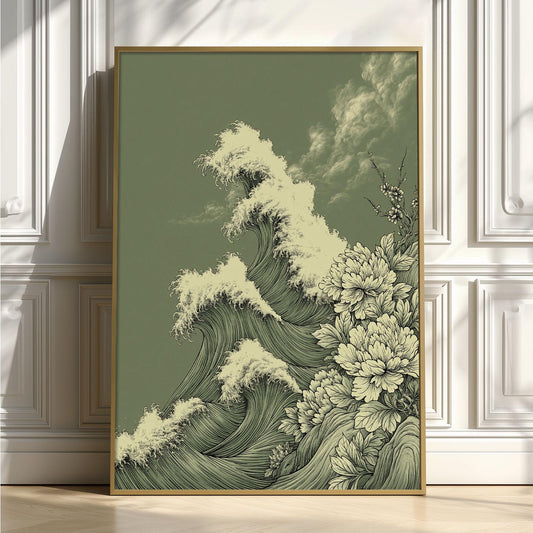 Japanese Wave Botanical Wall Art: Olive Green Hokusai-Inspired Art Print, Vintage Minimalist Coastal Decor