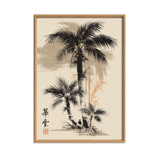 Palm Tree Wall Art Print, Japanese Ink Painting Poster, Black Beige Tropical Botanical Japandi Decor