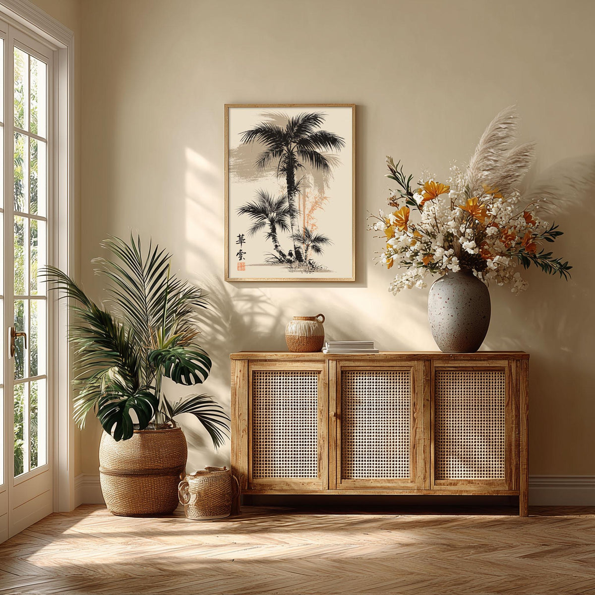 Palm Tree Wall Art Print, Japanese Ink Painting Poster, Black Beige Tropical Botanical Japandi Decor