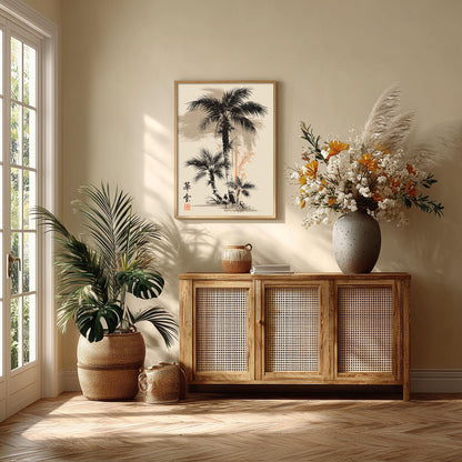 Palm Tree Wall Art Print, Japanese Ink Painting Poster, Black Beige Tropical Botanical Japandi Decor