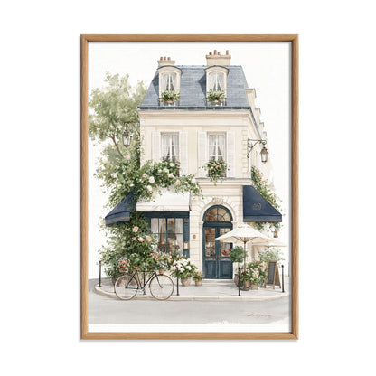 Paris Cafe Wall Art Print, French Storefront Poster, Watercolour Architecture Decor, European Street Scene, Floral Paris Wall