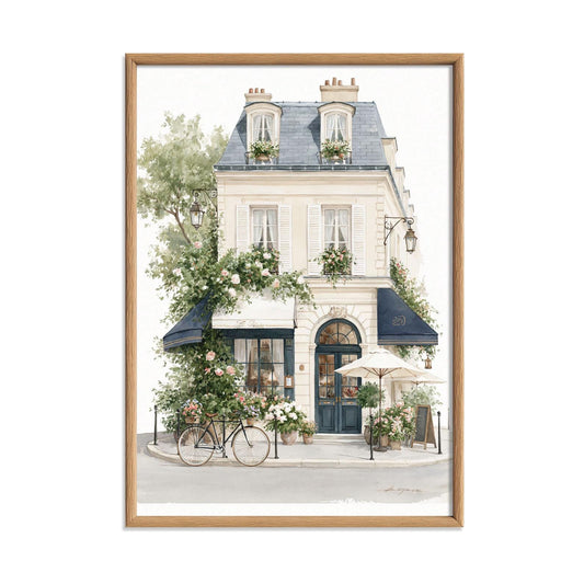 Paris Cafe Wall Art Print, French Storefront Poster, Watercolour Architecture Decor, European Street Scene, Floral Paris Wall