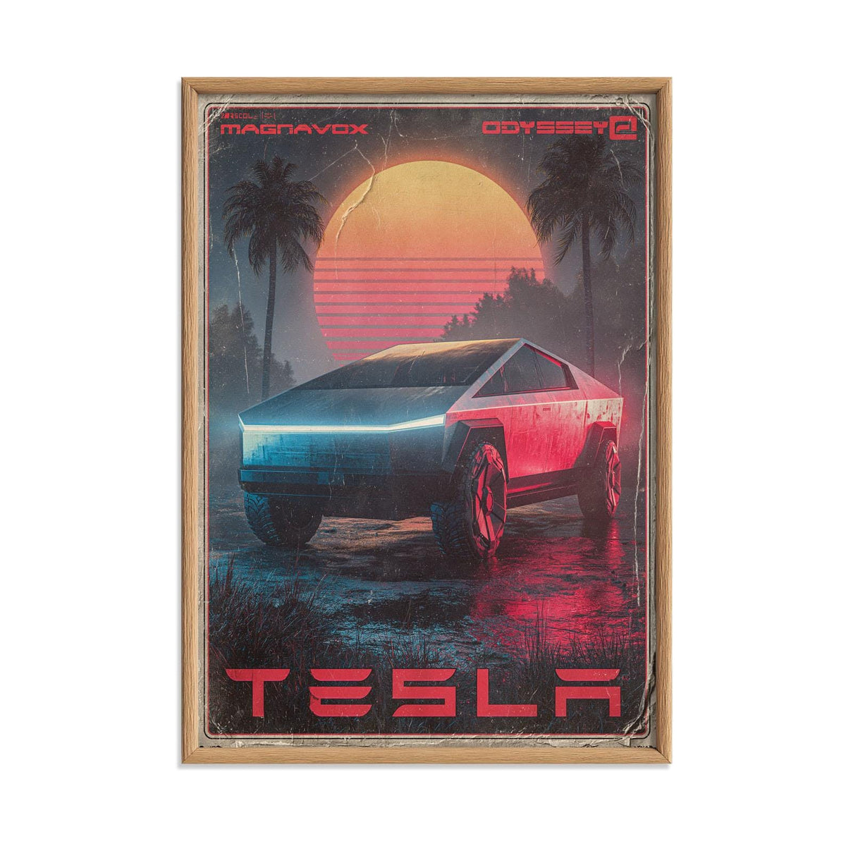 Futuristic Electric Truck Wall Art Print, Retro Synthase Car Poster, Neon Sunset Palm Tree Garage Decor