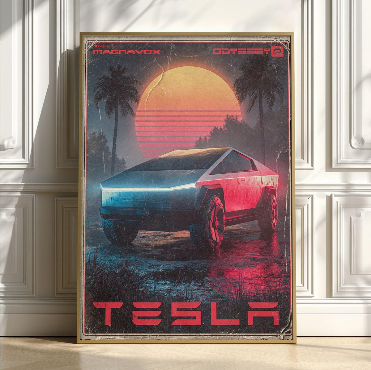 Futuristic Electric Truck Wall Art Print, Retro Synthase Car Poster, Neon Sunset Palm Tree Garage Decor