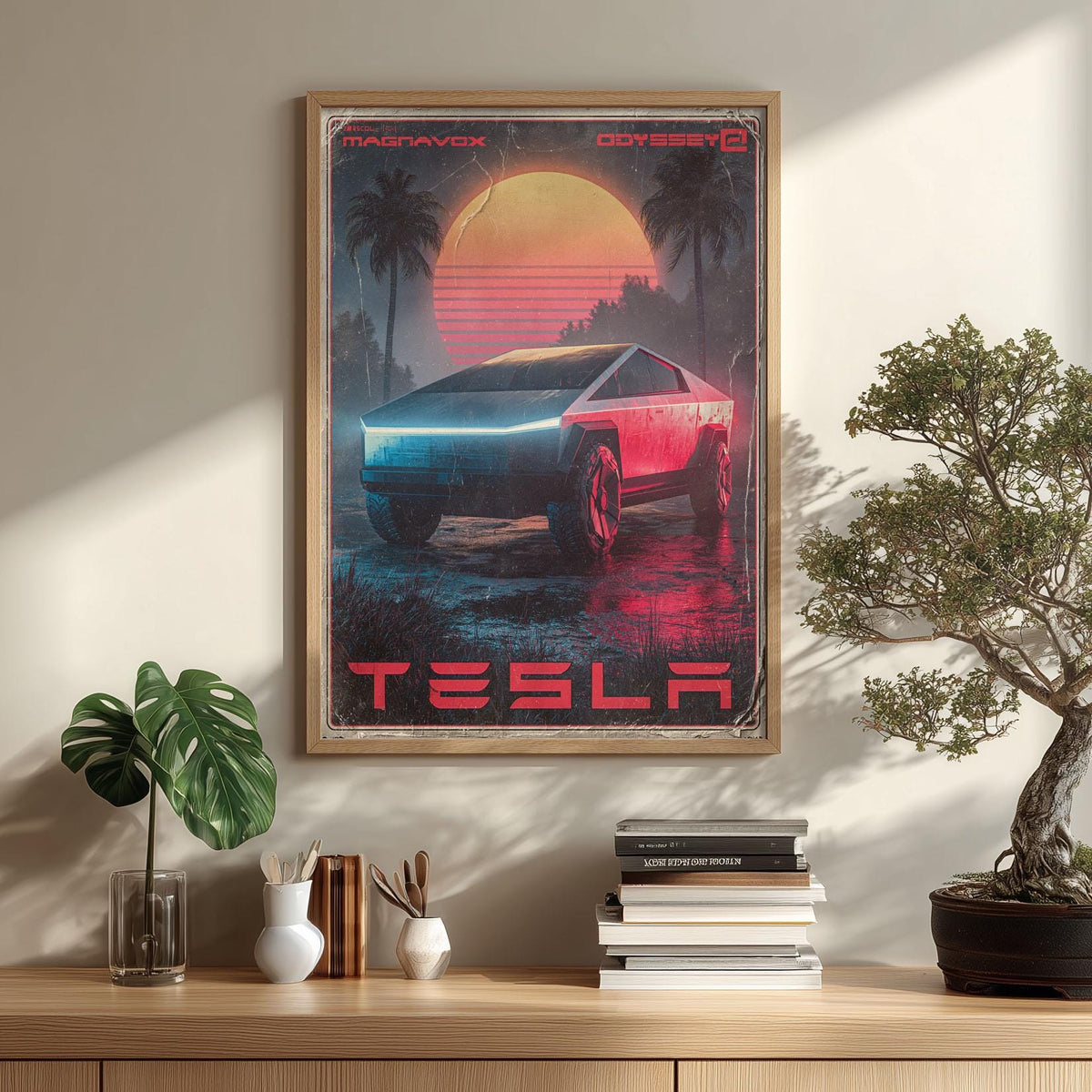 Futuristic Electric Truck Wall Art Print, Retro Synthase Car Poster, Neon Sunset Palm Tree Garage Decor