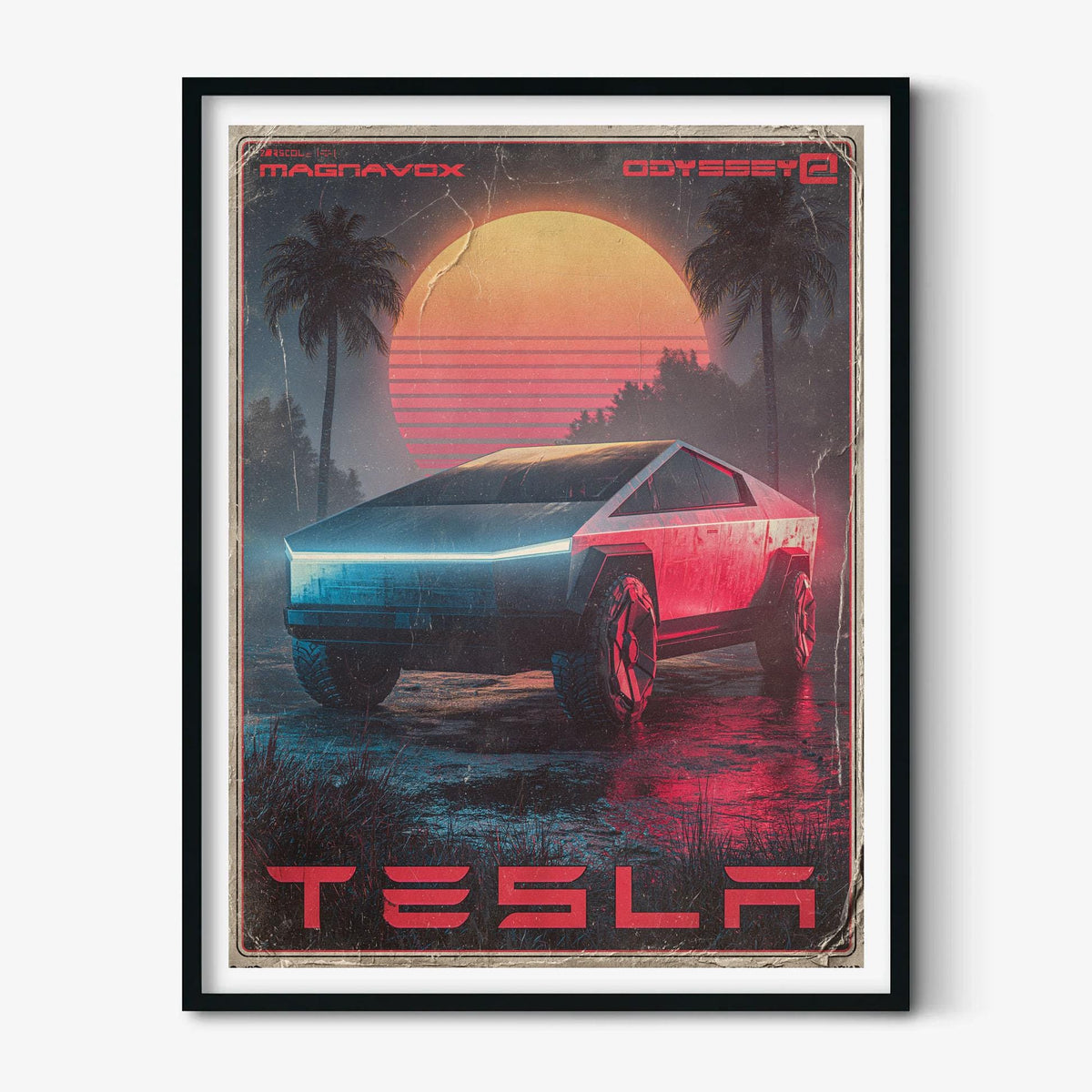 Futuristic Electric Truck Wall Art Print, Retro Synthase Car Poster, Neon Sunset Palm Tree Garage Decor