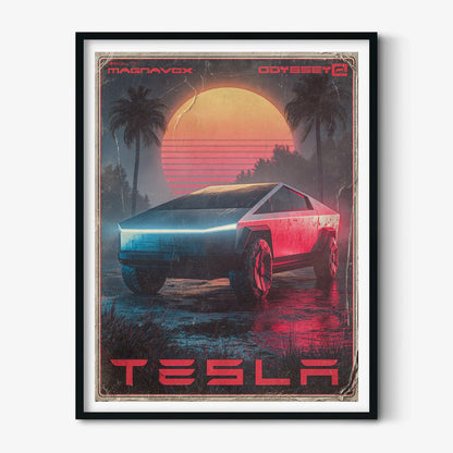 Futuristic Electric Truck Wall Art Print, Retro Synthase Car Poster, Neon Sunset Palm Tree Garage Decor