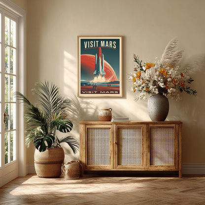 Visit Mars Travel Poster, Retro Sci-Fi Space Wall Art