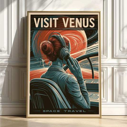 Visit Venus Poster, Retro Space Travel Wall Art Print, Sci Fi Bedroom Decor