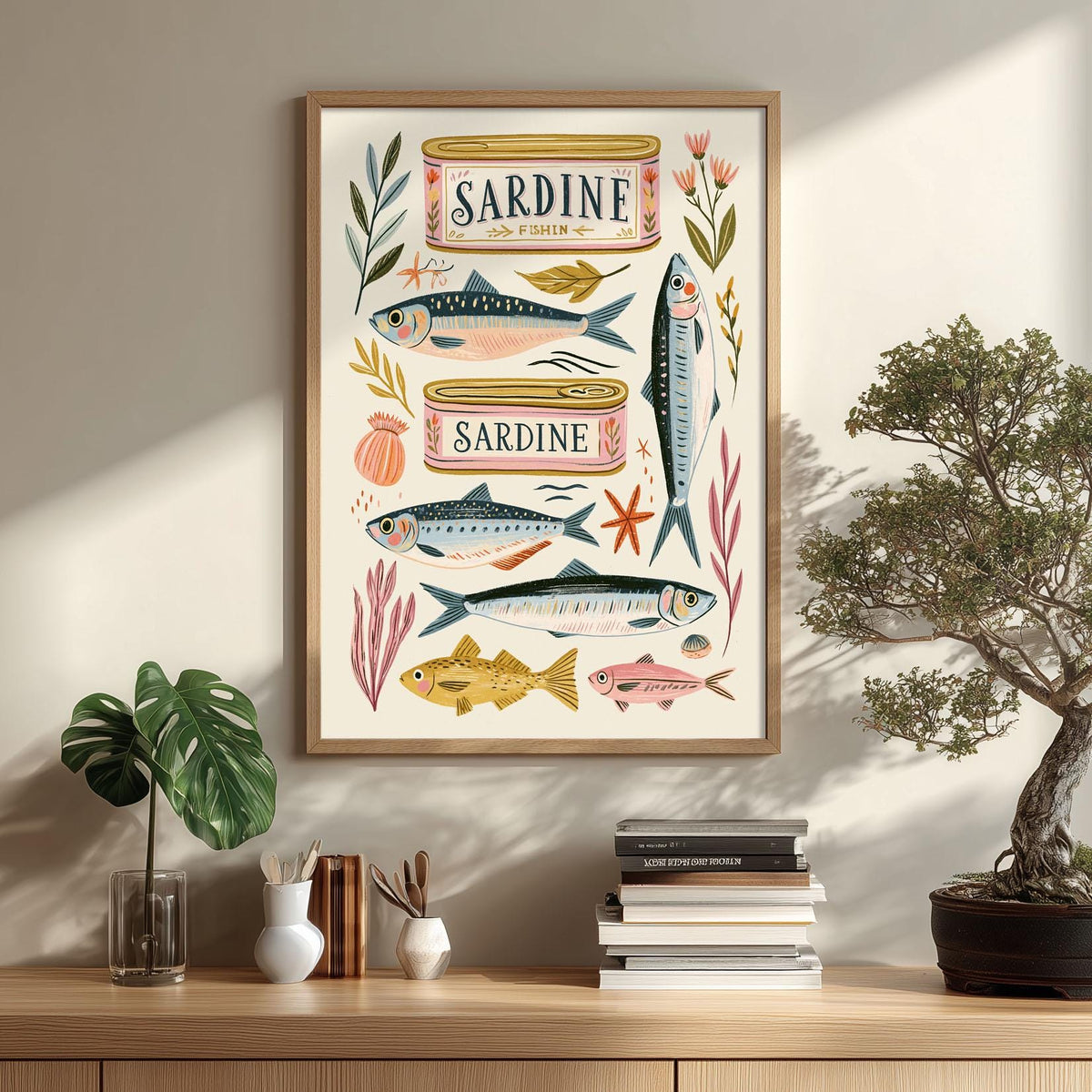 Sardine Fish Print, Retro Coastal Kitchen Wall Art Poster, Seafood Cafe Decor