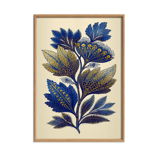 Blue Gold Botanical Print, Vintage Floral Wall Art Poster, Leafy Gallery Wall Decor