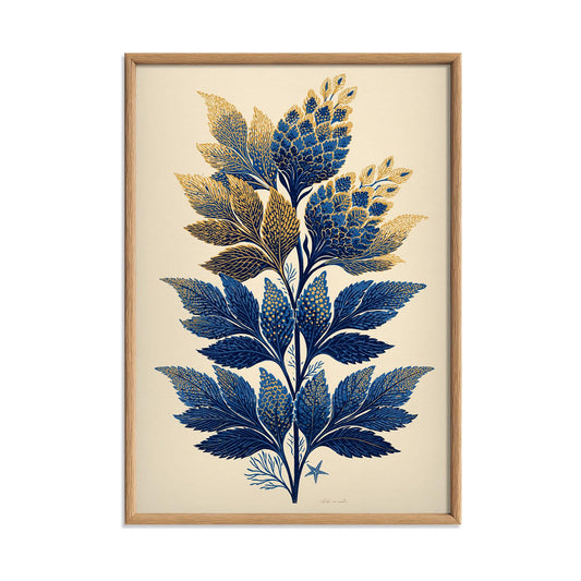 Blue Gold Floral Print, Vintage Botanical Wall Art Poster, Leaf Gallery Decor