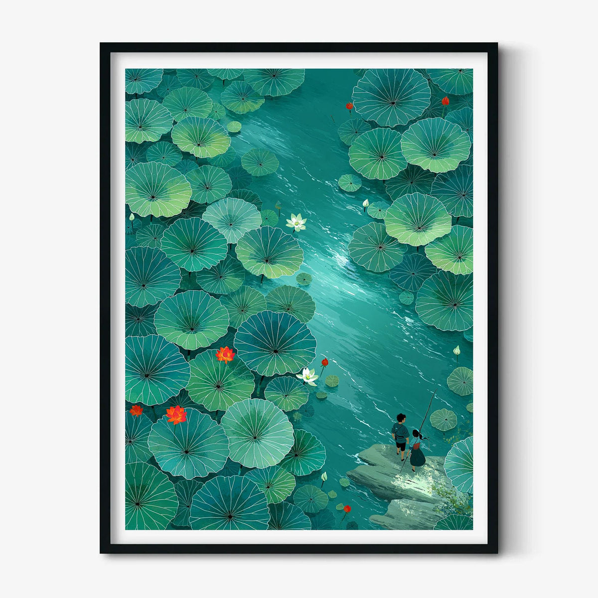 Lotus Pond Print, Green Water Lily Wall Art Poster, Peaceful Japanese Garden Decor