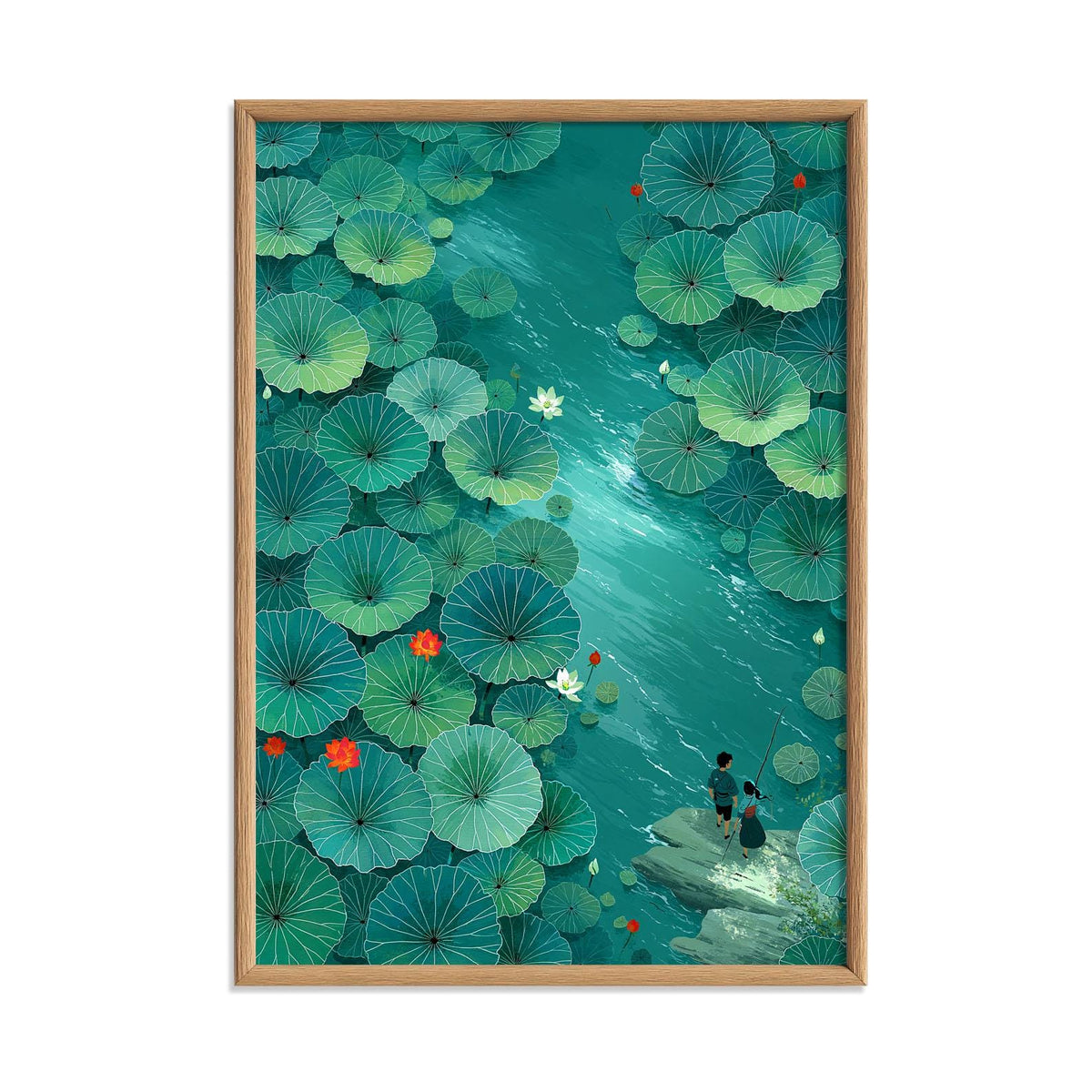 Lotus Pond Print, Green Water Lily Wall Art Poster, Peaceful Japanese Garden Decor