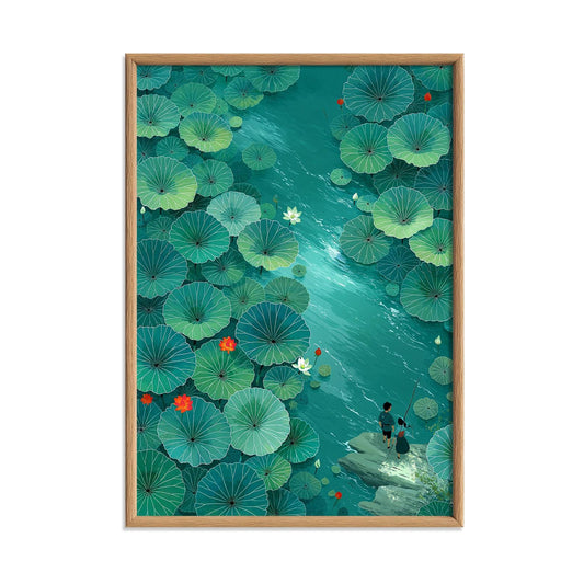 Lotus Pond Print, Green Water Lily Wall Art Poster, Peaceful Japanese Garden Decor
