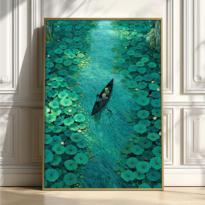 Lily Pad River Print, Green Water Lily Wall Art Poster, Peaceful Boat Scene Decor
