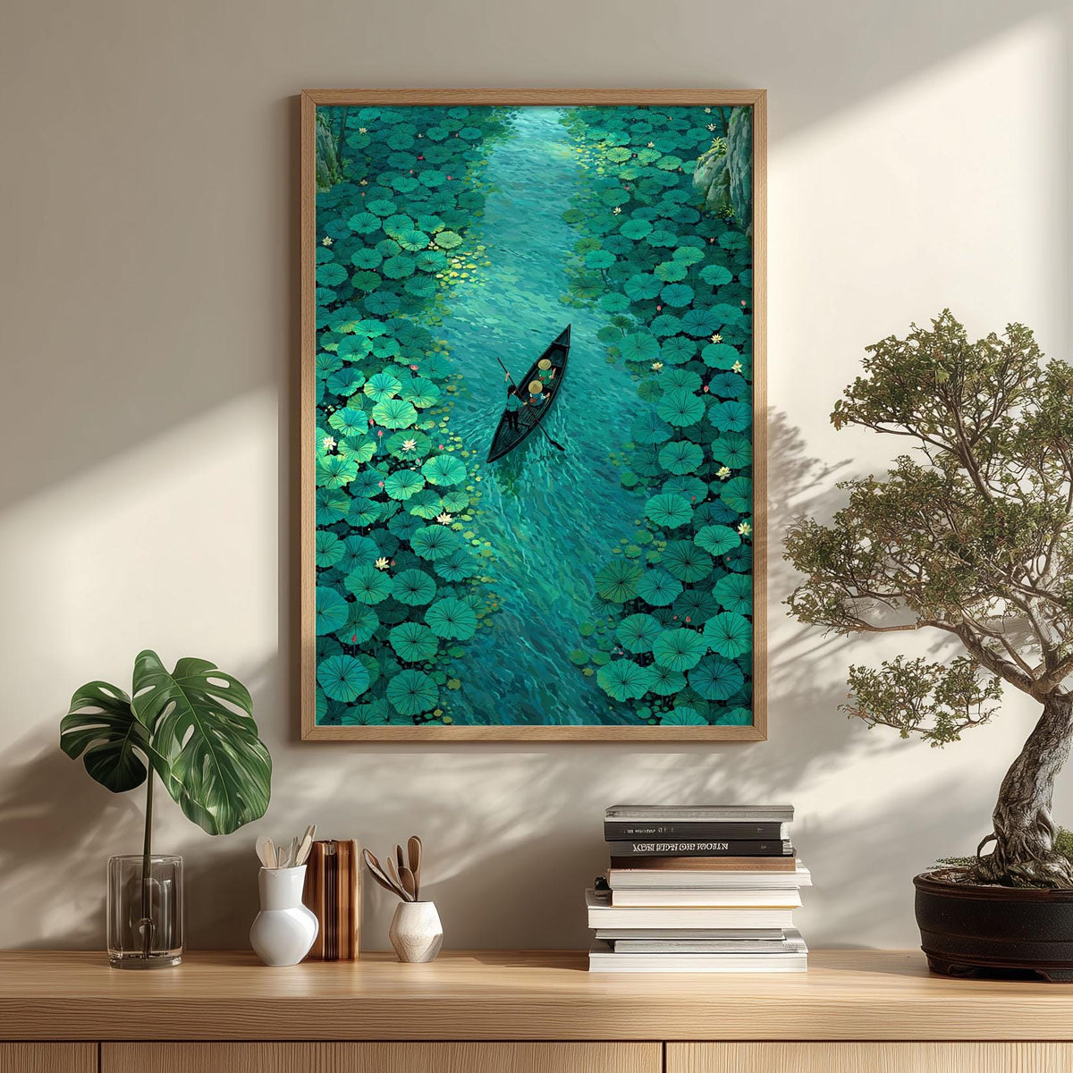 Lily Pad River Print, Green Water Lily Wall Art Poster, Peaceful Boat Scene Decor