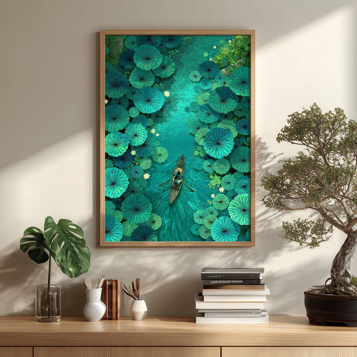 Lotus Boat Print, Teal Water Lily Wall Art Poster, Peaceful Nature Decore Decor