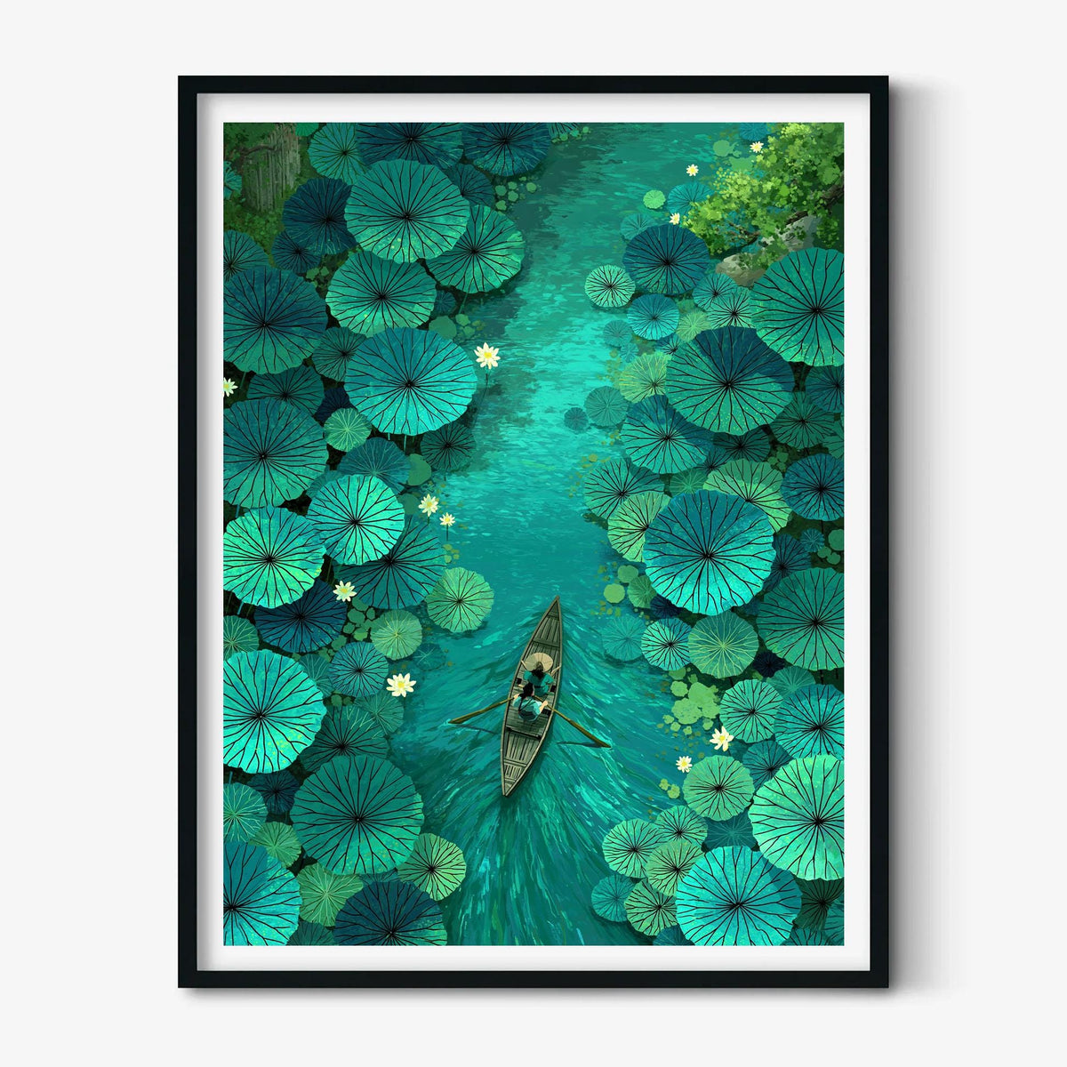 Lotus Boat Print, Teal Water Lily Wall Art Poster, Peaceful Nature Decore Decor