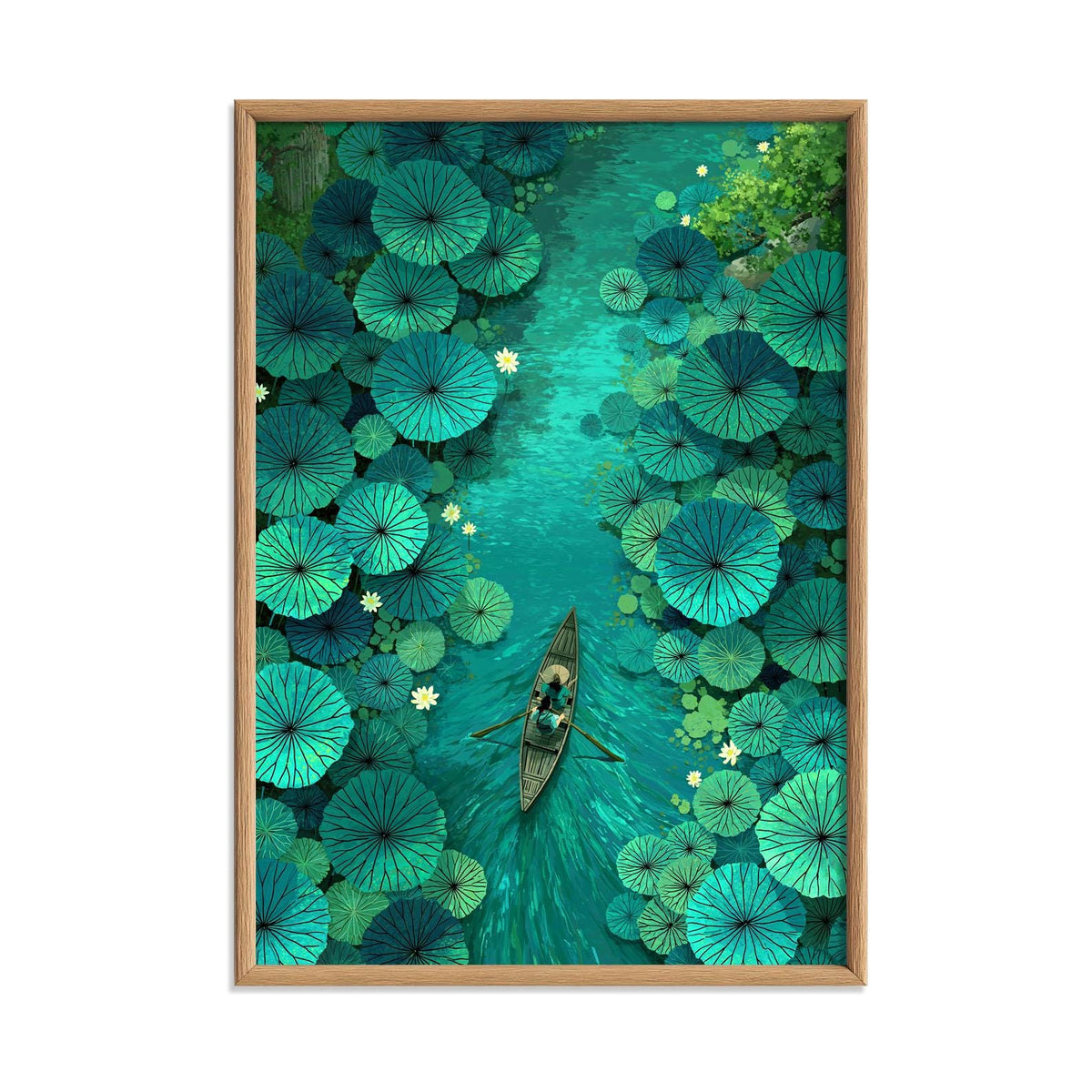 Lotus Boat Print, Teal Water Lily Wall Art Poster, Peaceful Nature Decore Decor