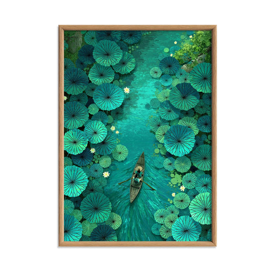 Lotus Boat Print, Teal Water Lily Wall Art Poster, Peaceful Nature Decore Decor