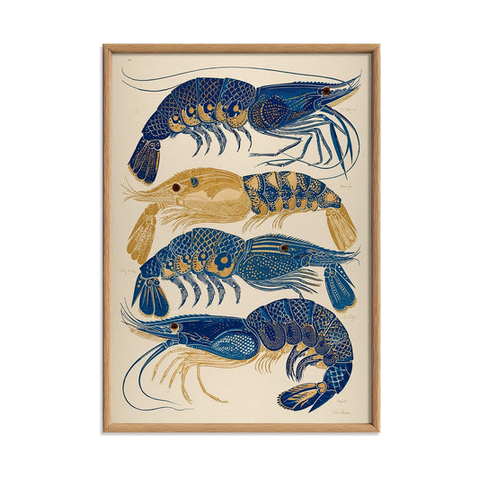 Blue Gold Prawn Print, Vintage Seafood Wall Art Poster, Coastal Kitchen Decor