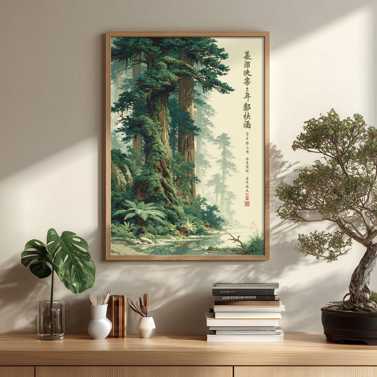 Misty Forest Print, Japanese Landscape Wall Art Poster, Zen Nature Decor