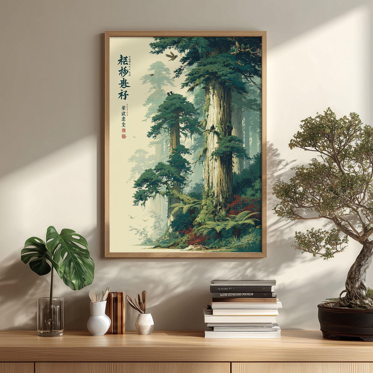 Japanese Forest Print, Misty Woodland Wall Art Poster, Zen Nature Decor