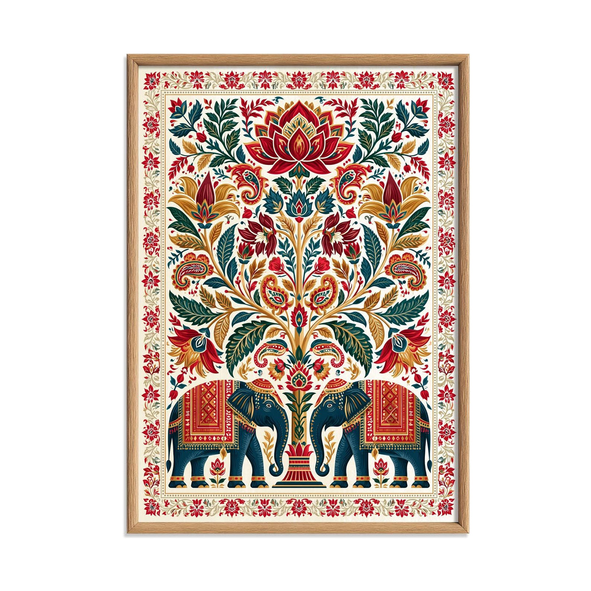 Indian Elephant Print, Boho Floral Wall Art Poster, Lotus Folk Art Decor