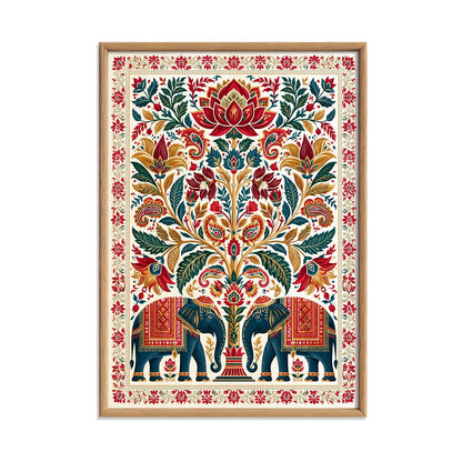 Indian Elephant Print, Boho Floral Wall Art Poster, Lotus Folk Art Decor