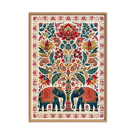 Indian Elephant Print, Boho Floral Wall Art Poster, Lotus Folk Art Decor