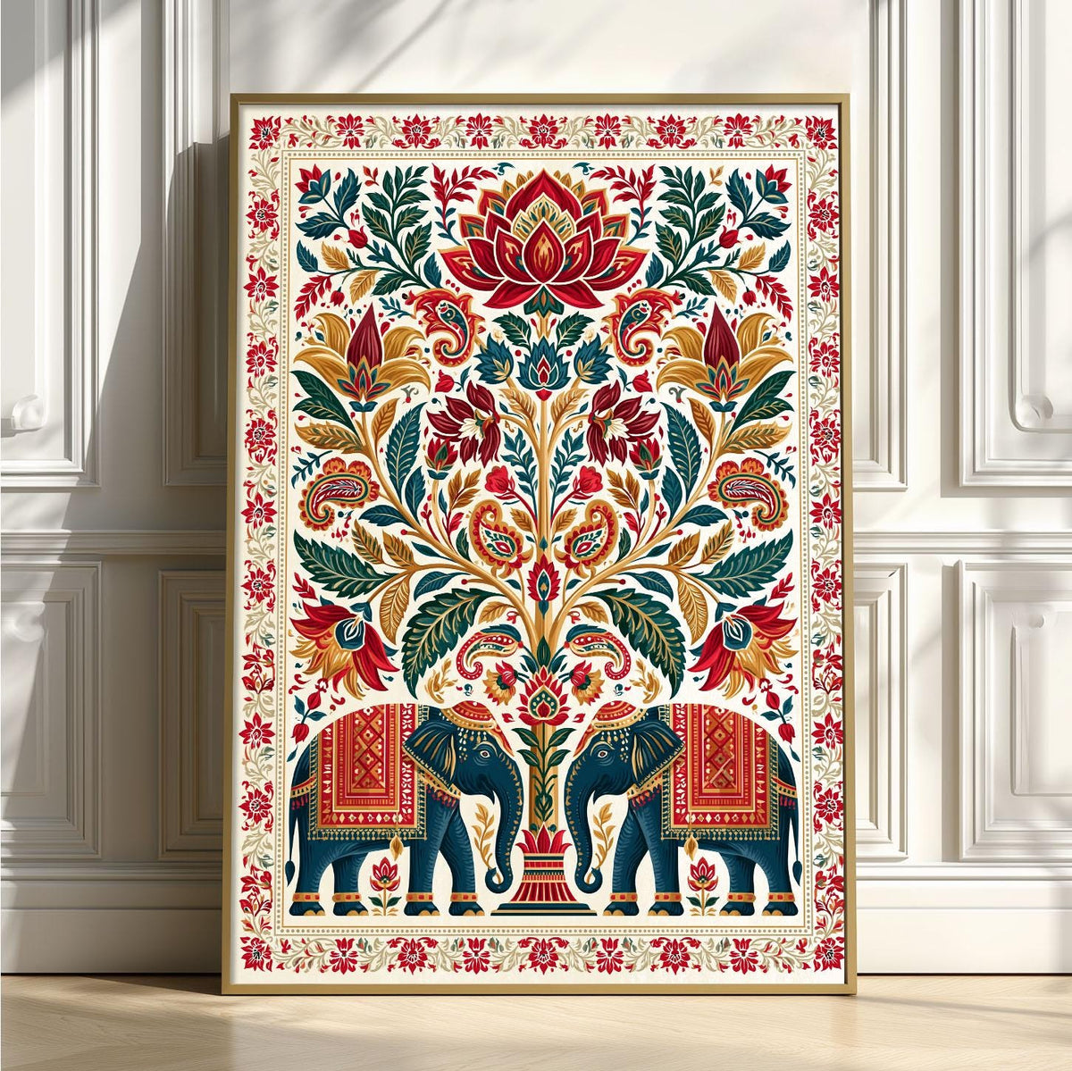 Indian Elephant Print, Boho Floral Wall Art Poster, Lotus Folk Art Decor