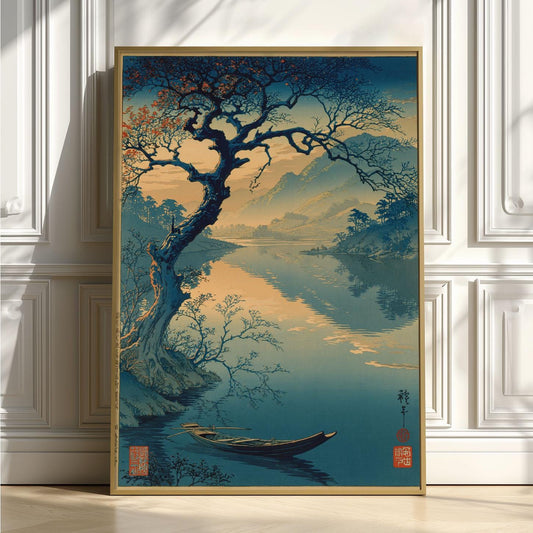 Japanese Lake Print, Vintage Landscape Wall Art Poster, Zen Boat Scene Decor
