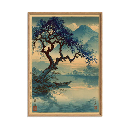 Japanese Tree Lake Print, Vintage Blue Landscape Wall Art Poster, Zen Mountain Decor