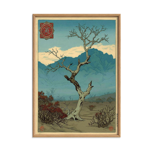 Japanese Desert Tree Print, Vintage Mountain Wall Art Poster, Zen Landscape Decor