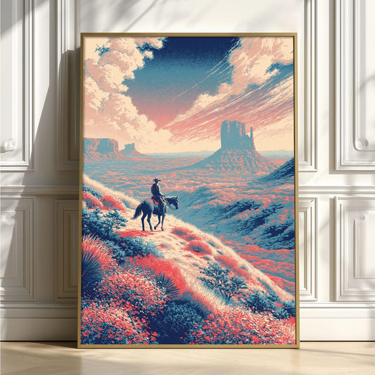 Cowboy Desert Print, Vintage Western Wall Art Poster, Horse Rider Landscape Decor