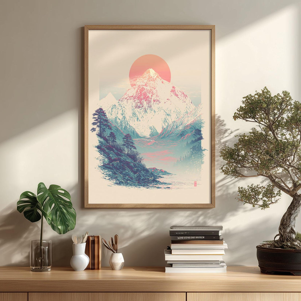 Pink Sun Mountain Print, Snowy Landscape Wall Art Poster, Minimal Nature Decor