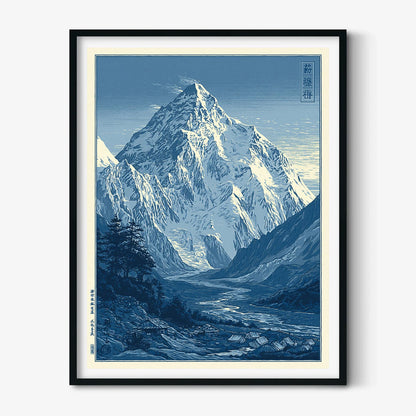 Blue Snowy Mountain Print, Japanese Landscape Wall Art Poster, Alpine Valley Decor