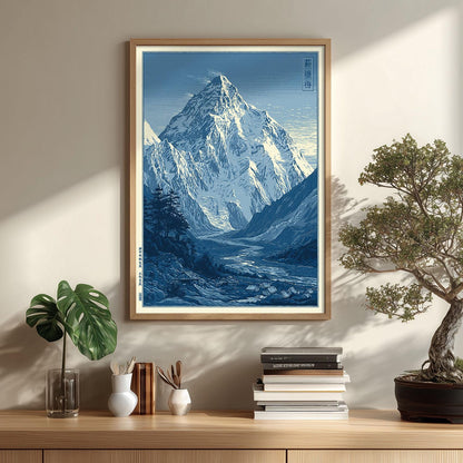 Blue Snowy Mountain Print, Japanese Landscape Wall Art Poster, Alpine Valley Decor