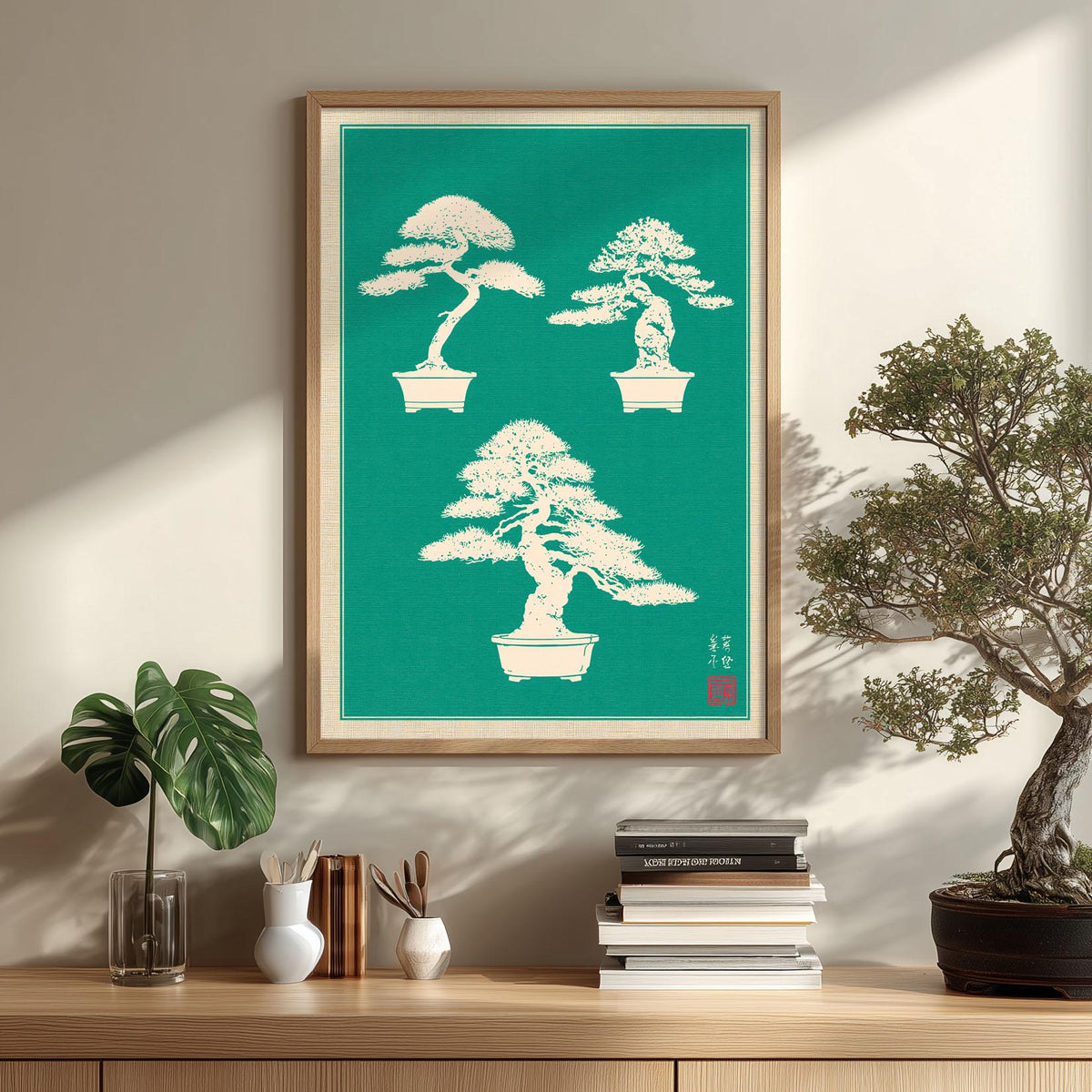 Bonsai Tree Print, Teal Japanese Wall Art Poster, Zen Botanical Decor